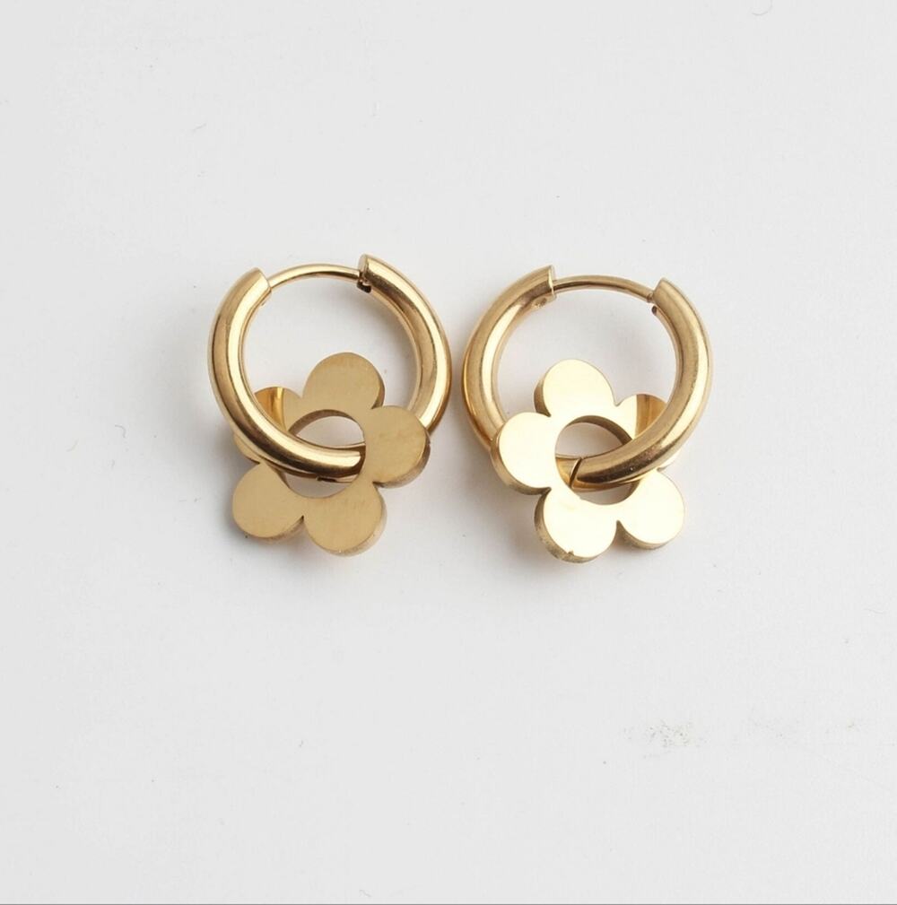 Waterproof 14K Gold Flower Clover Huggie Hoop Earrings Stainless Steel Jewelry